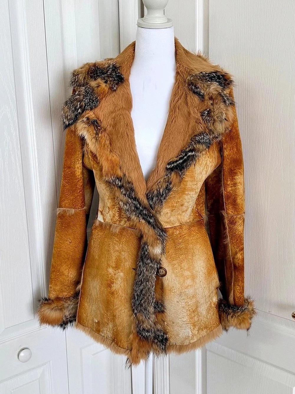 P&J Parresh Basic Jeans Brown Faux Fur Trim Jacket Like New
